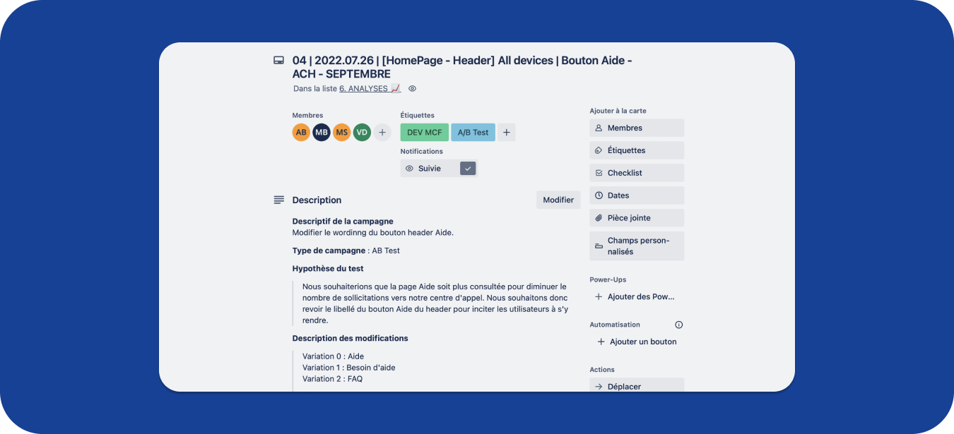 A/B test réalisé en production pour valider le choix du wording d'un bouton d'action