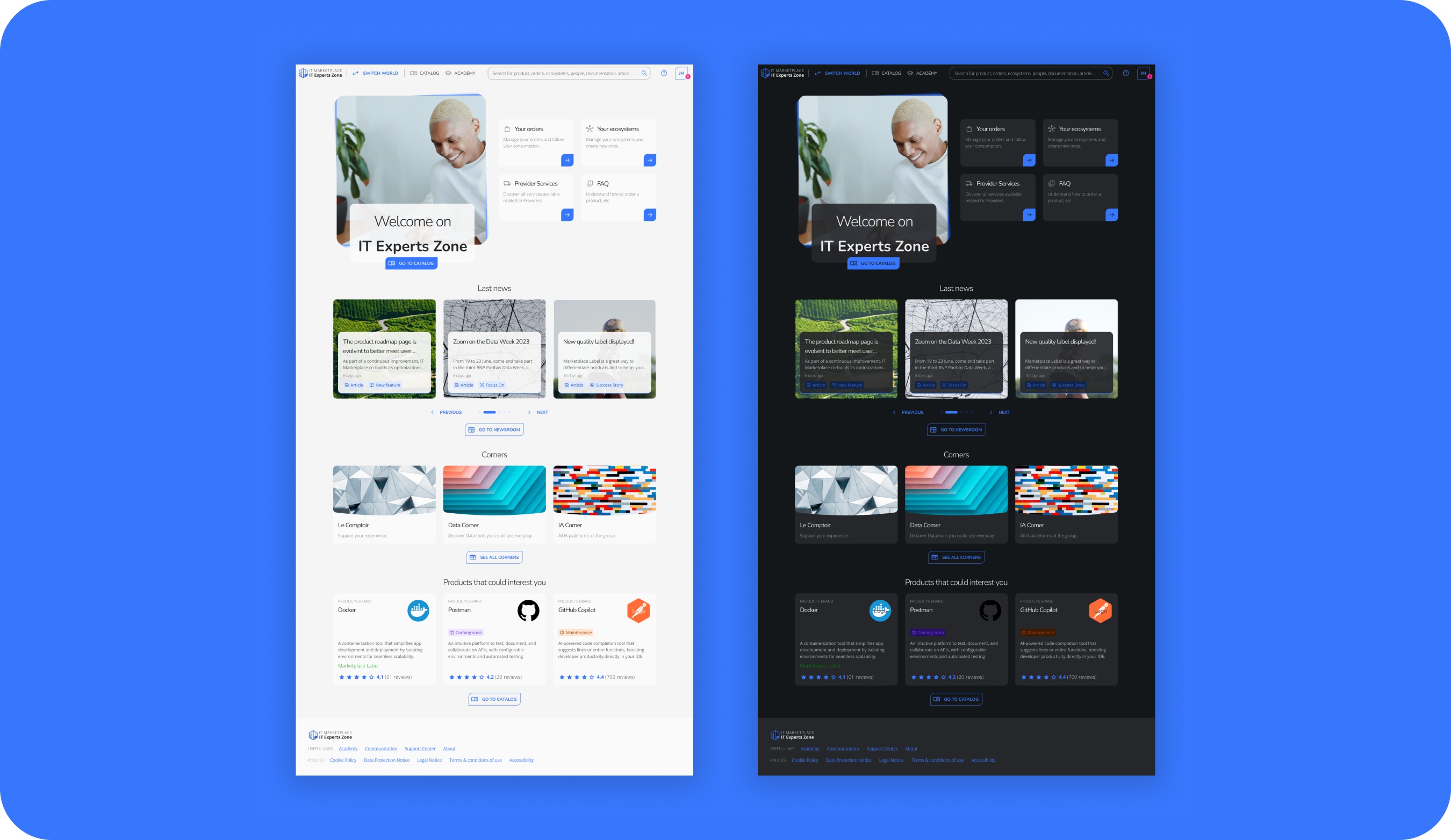 maquettes de la page d'accueil, light mode & dark mode