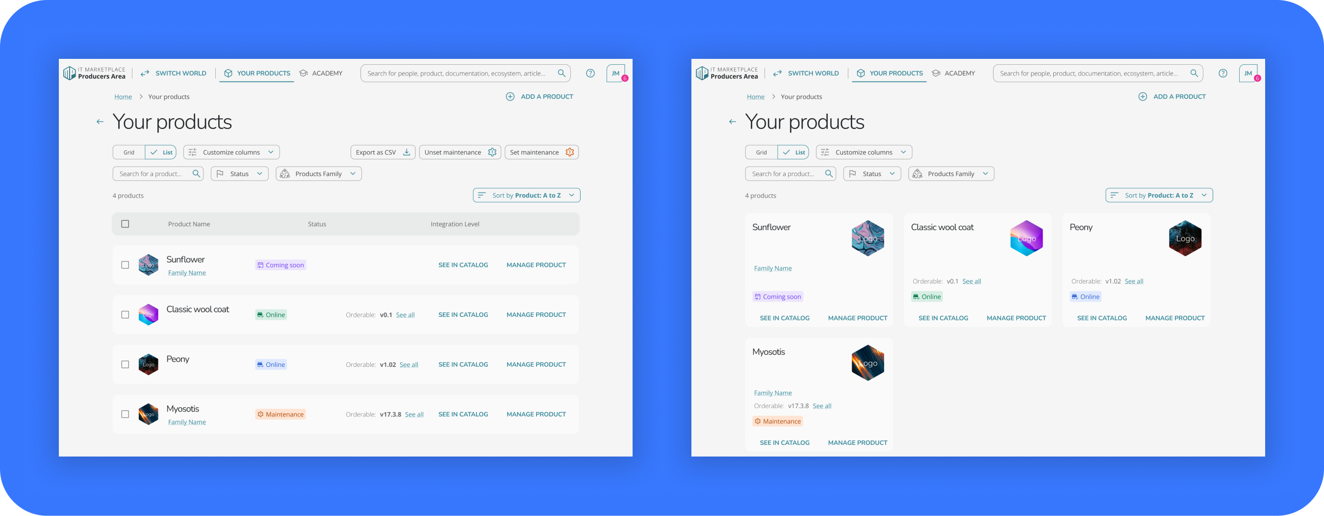 maquettes affichant la liste des produits d'un Product Owner